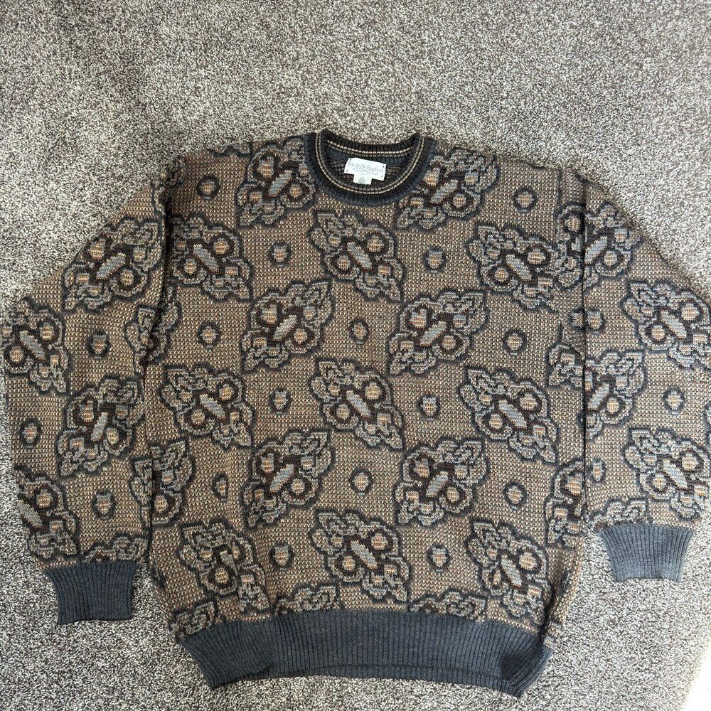 Vintage 80s 90s Tricots St Raphael Pure Wool Sweater XL Geometric Earth Tone
